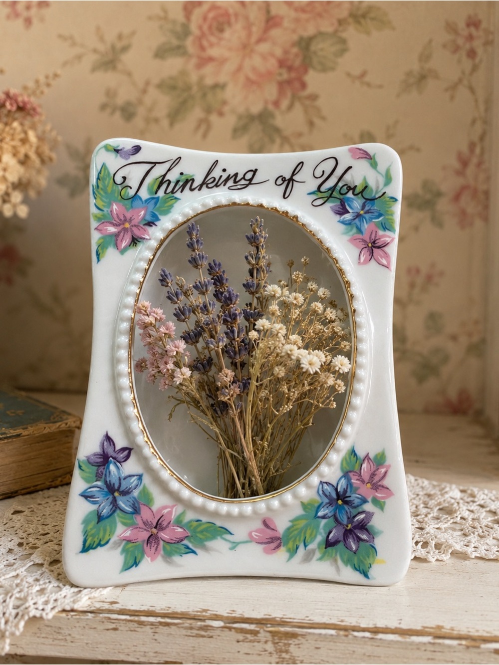 Vintage Enesco Japan Thinking of You Porcelain Picture Frame Floral Gold Trim